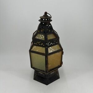 Vintage Moroccan Style Metal Glass Lantern Rusted Patina Amber Green Red Hexagon